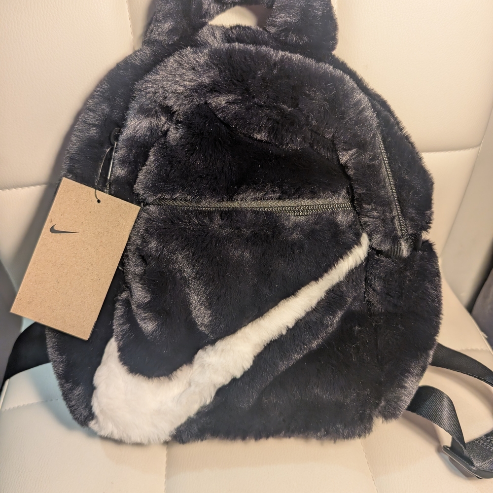 NEW Nike Black Faux-Fur Mini Backpack with White Swoosh Accent